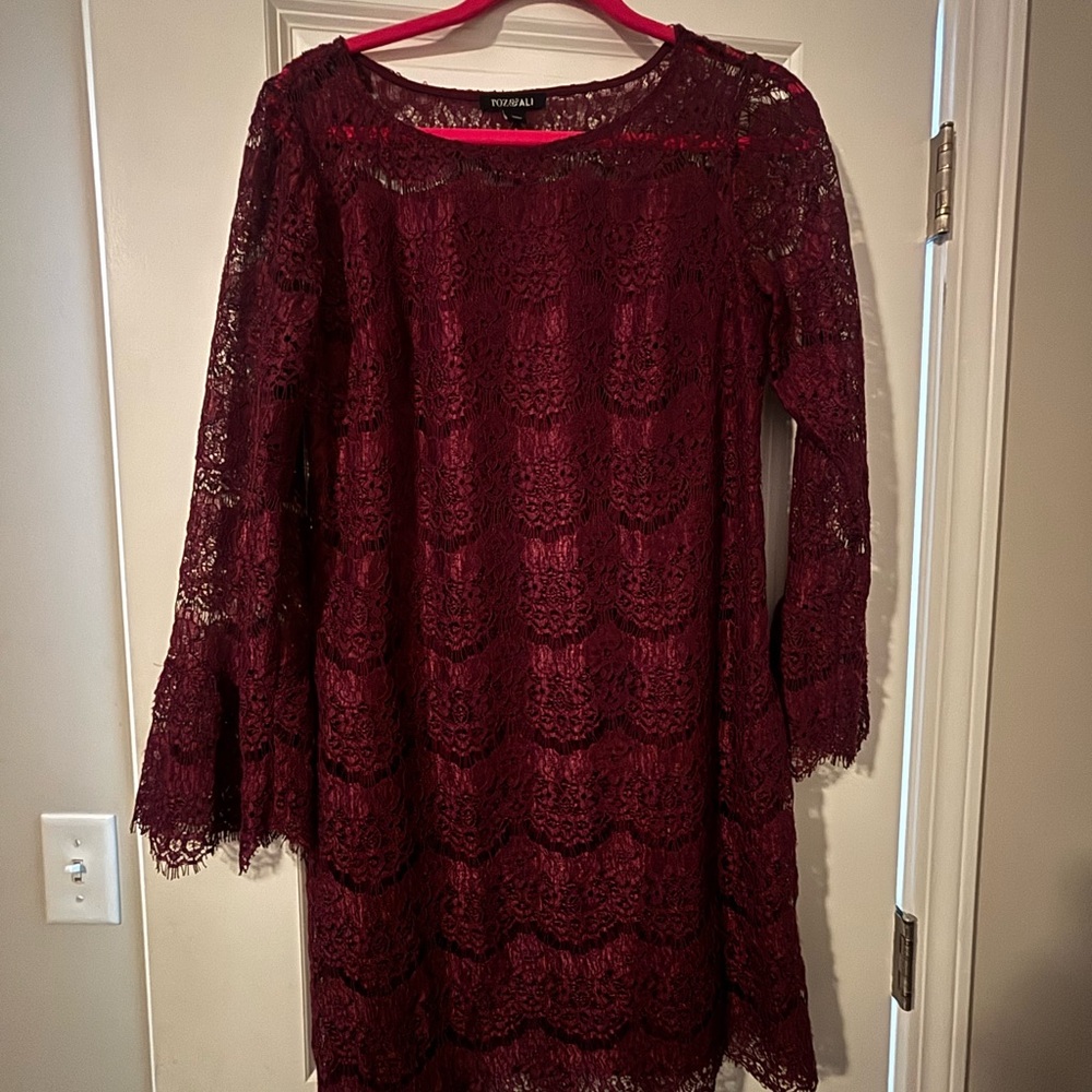 Roz & Ali Burgundy Lace Long Sleeve Dress